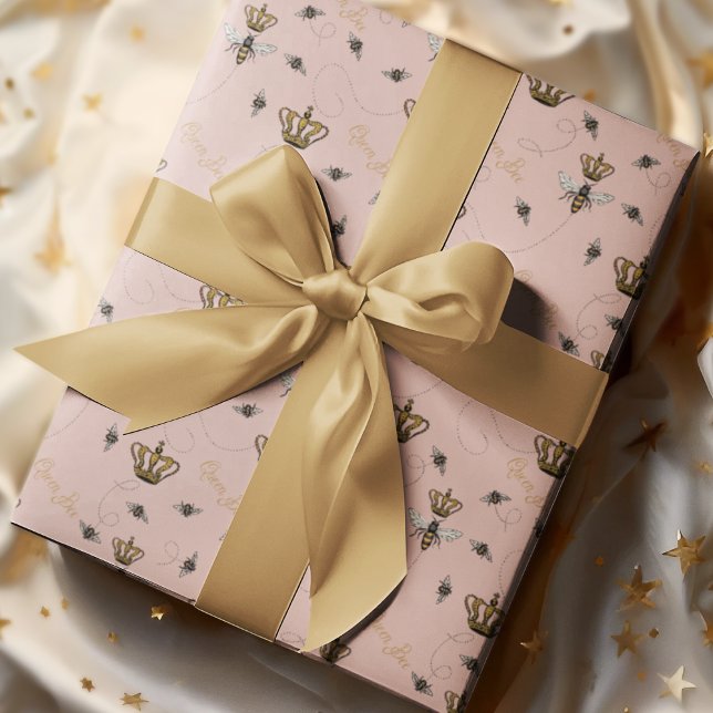 Chic Blush Pink Royal Queen Bee & Gold Crown Wrapping Paper (Chic Blush Pink Buzzing Queen Bees and Royal Crowns with the Gold Hand-Written Text, "Queen Bee". 
)