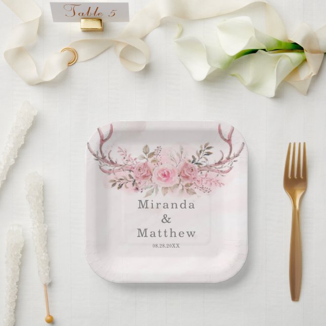 Chic Blush Pink Sage Deer Antlers Floral Wedding Paper Plate (Wedding)