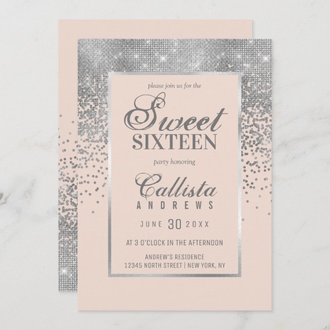 Chic Blush Pink Silver Glitter Confetti Sweet 16 Invitation (Front/Back)
