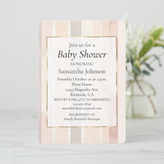Chic Blush Pink Stripes Baby Shower Invitation (Standing Front)