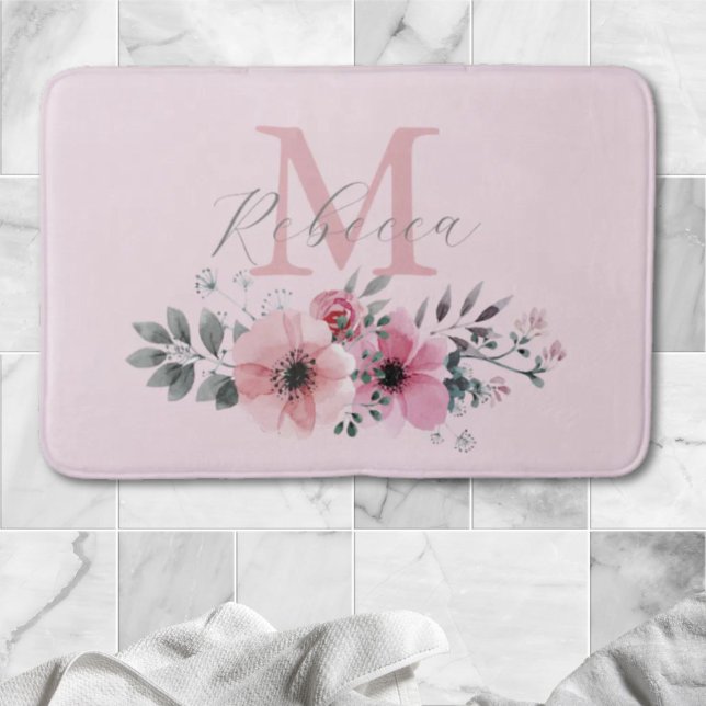 chic blush pink watercolor floral monogram bath mat (chic blush pink watercolor floral monogram bath mat)