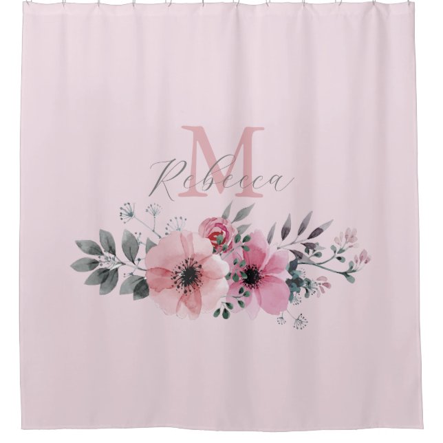 chic blush pink watercolor floral monogram shower curtain (Front)
