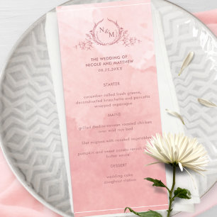 Chic Blush Pink Watercolor, Monogram Wedding Menu