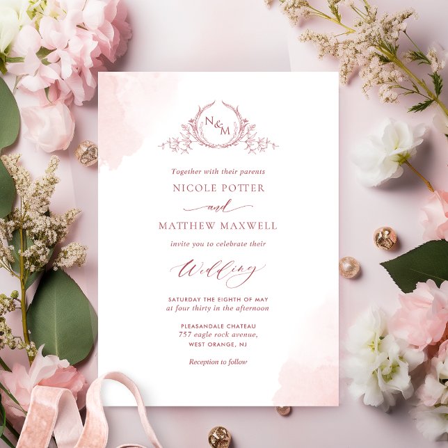Chic Blush Pink Watercolor Stains Monogram Wedding Invitation (Creator Uploaded)
