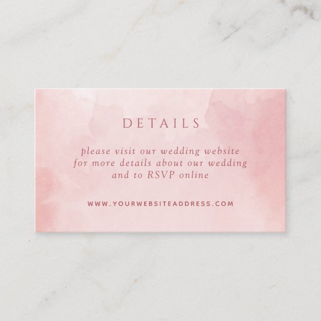 Chic Blush Pink Watercolor Wedding Details Website Enclosure Card (Front)