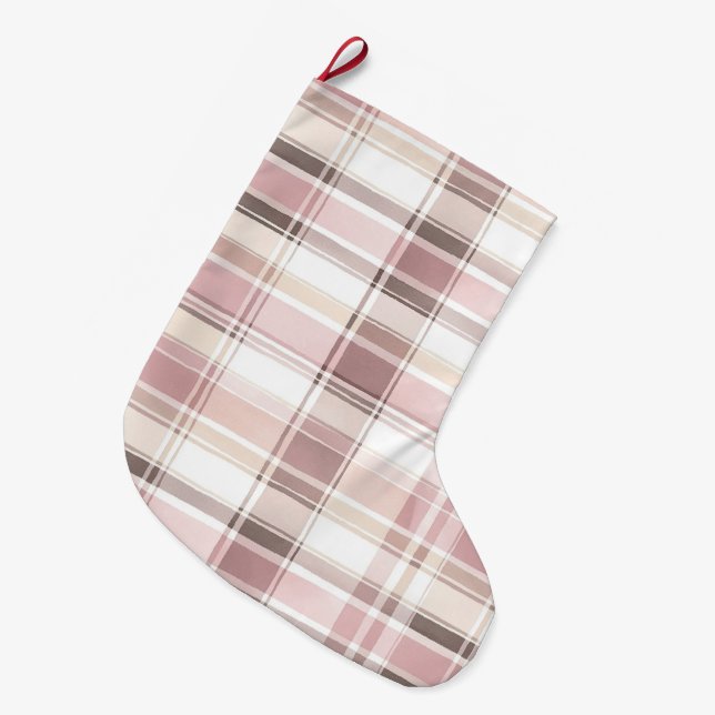 Chic Blush Pink White Cream Plaid Christmas   Large Christmas Stocking (Front (Hanging))