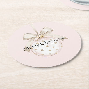Chic Blush Pink White Dots Bow Ornament Christmas Round Paper Coaster