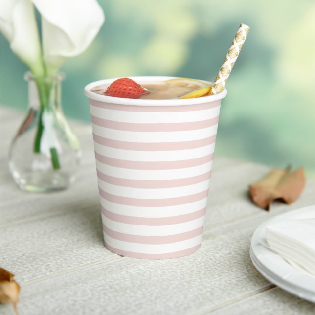 Chic blush pink white horizontal stripes cute paper cups (Insitu)