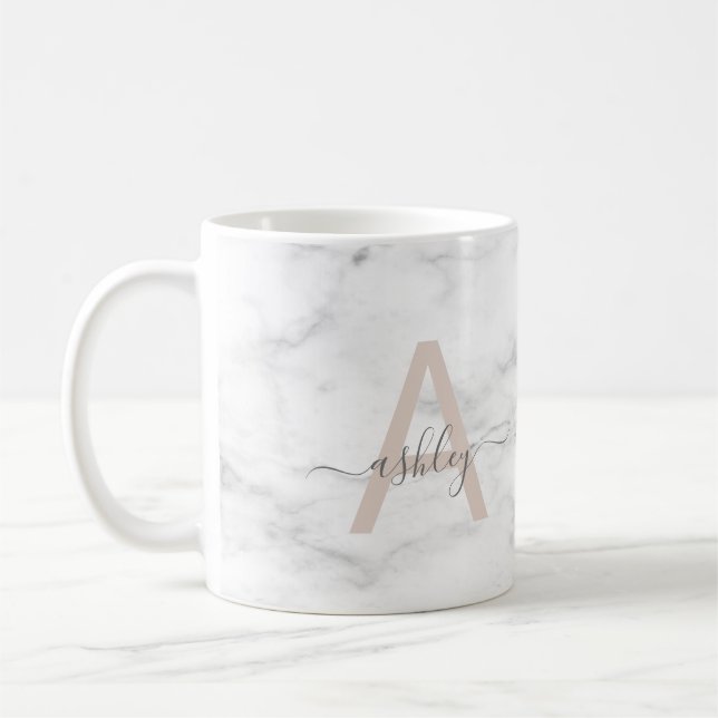 Chic Blush Pink White Marble Script Name Monogram Coffee Mug (Left)