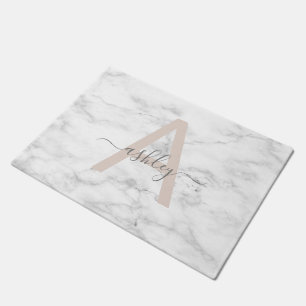 Chic Blush Pink White Marble Script Name Monogram Doormat