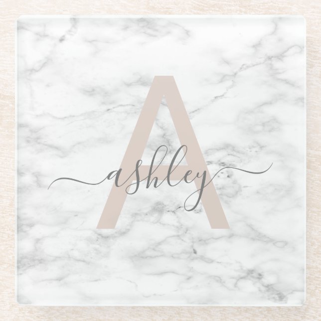 Chic Blush Pink White Marble Script Name Monogram Glass Coaster (Front)