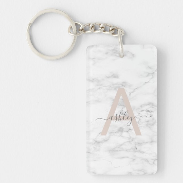 Chic Blush Pink White Marble Script Name Monogram Key Ring (Front)