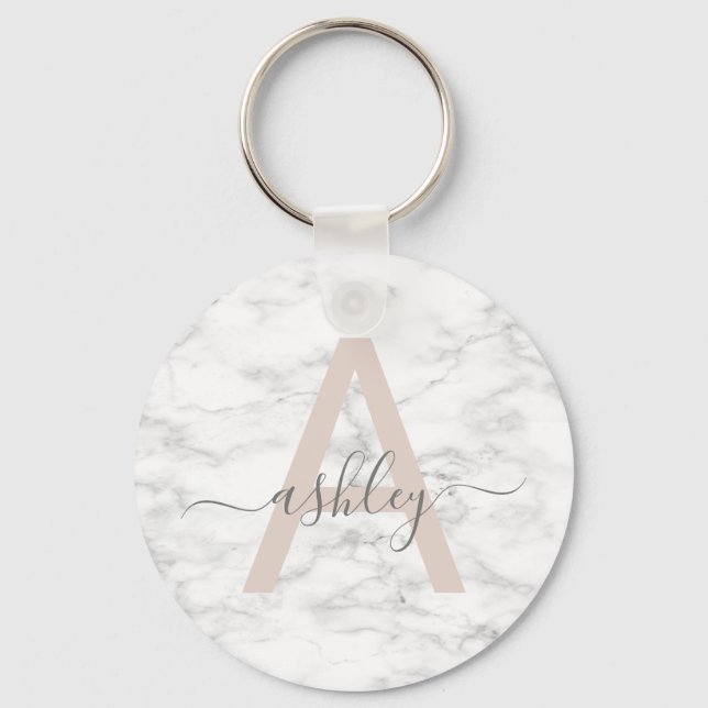 Chic Blush Pink White Marble Script Name Monogram Key Ring (Front)