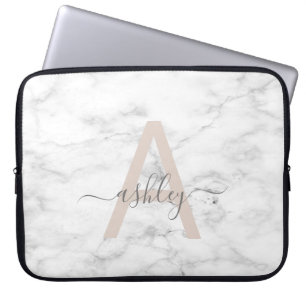 Chic Blush Pink White Marble Script Name Monogram Laptop Sleeve