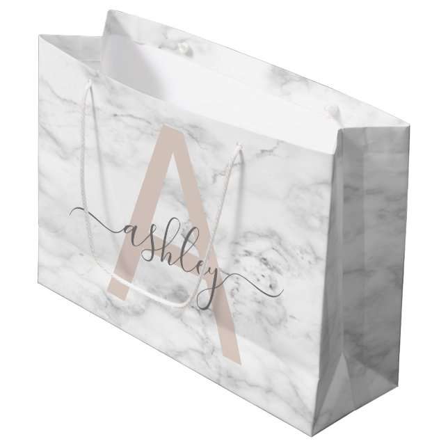 Chic Blush Pink White Marble Script Name Monogram Large Gift Bag (Front Angled)