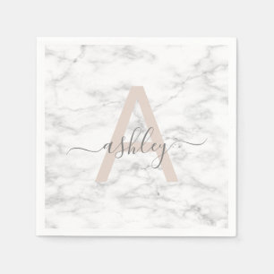 Chic Blush Pink White Marble Script Name Monogram Napkin
