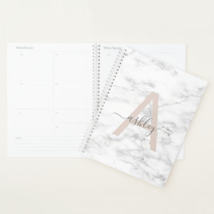 Chic Blush Pink White Marble Script Name Monogram Planner