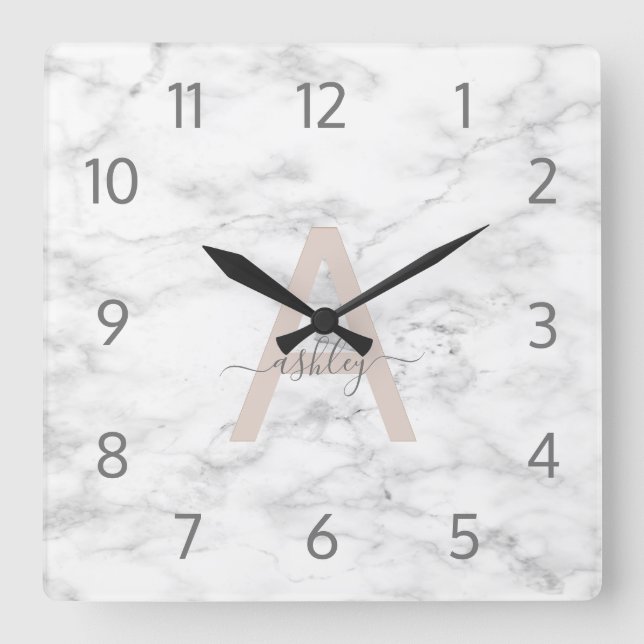 Chic Blush Pink White Marble Script Name Monogram Square Wall Clock (Front)