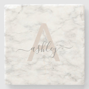 Chic Blush Pink White Marble Script Name Monogram Stone Coaster