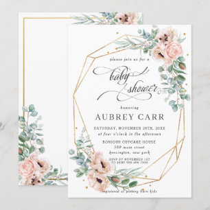 Chic Blush Poppy Floral Baby Shower Geometric Gold Invitation