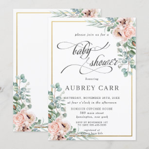 Chic Blush Rose Floral Baby Shower Geometric Gold Invitation