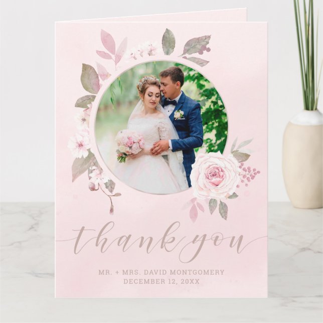 Chic Blush Rose Floral Wedding Photo Thank You (Front)