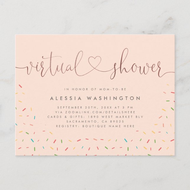 Chic Blush & Rose Gold Calligraphy Virtual Shower Invitation Postcard (Front)