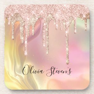 Chic blush rose unicorn dripping glitter monogram coaster
