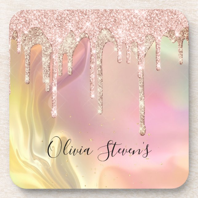 Chic blush rose unicorn dripping glitter monogram coaster (Front)