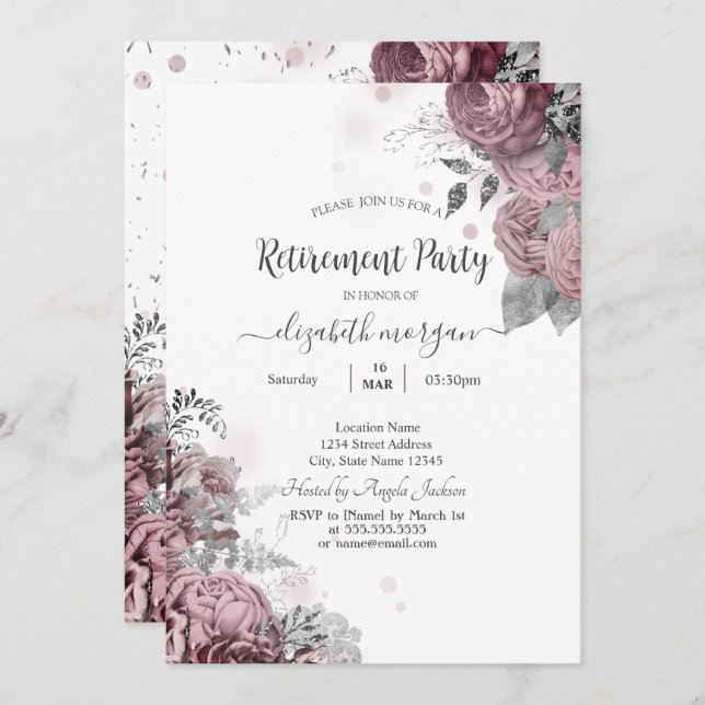 Chic Blush Roses Retirement   Invitation (Front/Back)