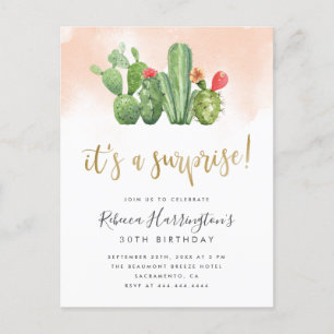 Chic Blush Watercolor & Cactus Surprise Party Invitation Postcard