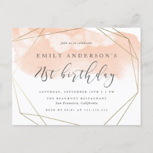 Chic Blush Watercolor Geometric 21st Birthday Invitation Postcard