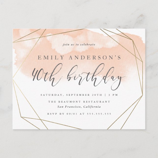 Chic Blush Watercolor Geometric 40th Birthday Invitation Postcard (Front)