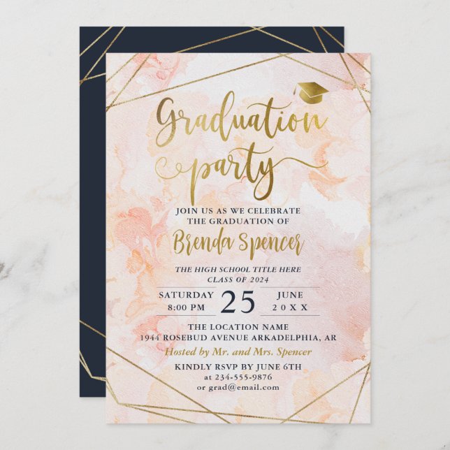 Chic Blush Watercolor Gold Geometric Graduation Invitation (Front/Back)