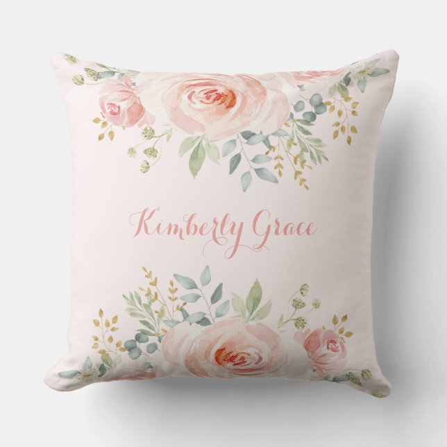 Chic Blush Watercolor Rose Boho Baby Girl Nursery Cushion (Front)