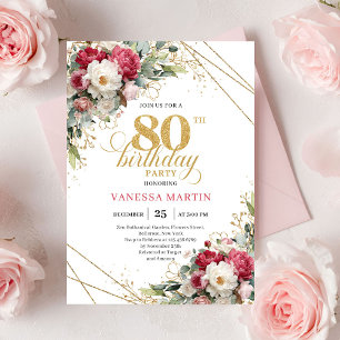 Chic Blush White Gold 80th Birthday Invitation