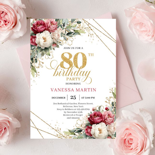 Chic Blush White Greenery 80th Birthday Invite (Chic Blush White Greenery 80th Birthday Invite)