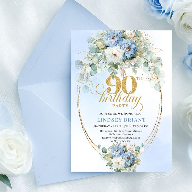 Chic Bohemian Blue Flowers 90th Birthday Invite (Chic Bohemian Blue Flowers 90th Birthday Invite)
