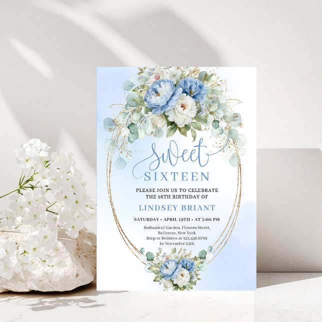 Chic Bohemian Dusty Blue Floral Gold Sweet 16 Invitation (Chic Bohemian Dusty Blue Floral Gold Sweet 16)