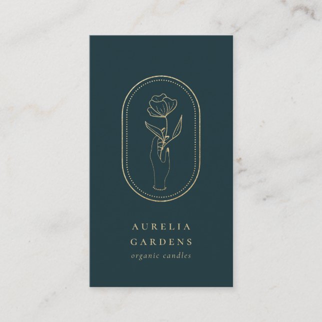 Chic Bohemian Golden Floral Logo Business Card (Front)