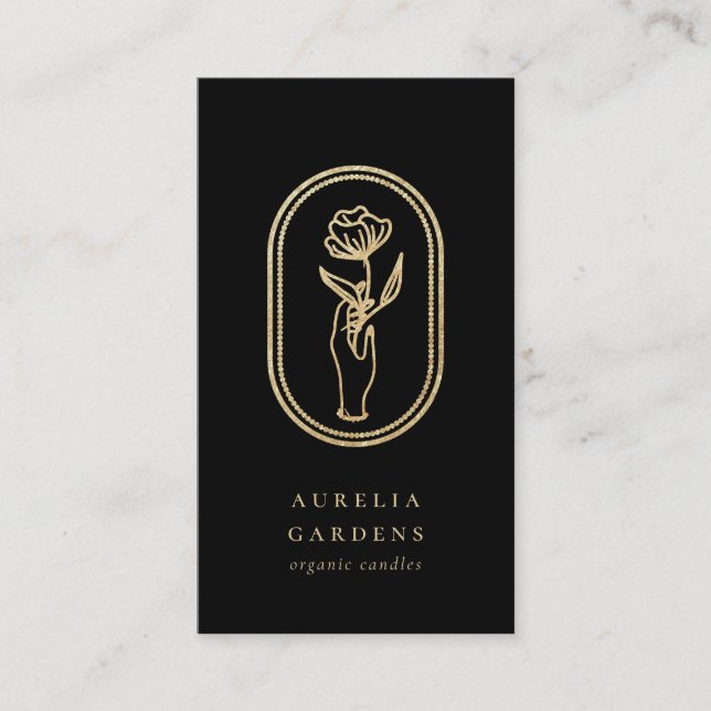 Chic Bohemian Golden Floral Logo Business Card (Front)