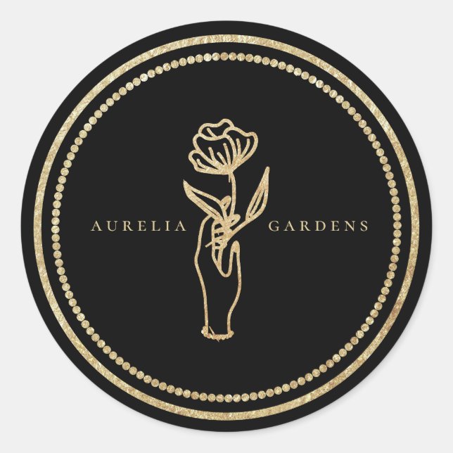 Chic Bohemian Golden Floral Logo Classic Round Sticker (Front)