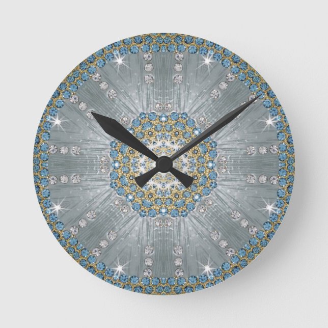 Chic Bohemian Vintage Fashion Silver blue mandala Round Clock (Front)