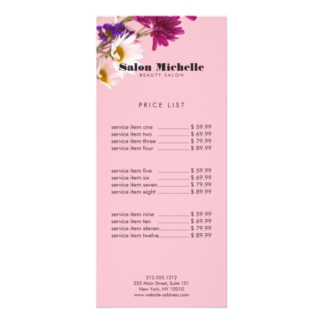 Chic Bohemian Wildflowers Pink Boutique Salon Rack Card (Front)