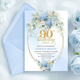Chic Boho Blue Hydrangea Floral Gold 90th Birthday Invitation