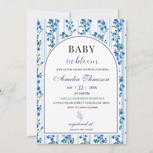 Chic Boho Blue Wildflower Boy floral Baby Shower Invitation (Front)