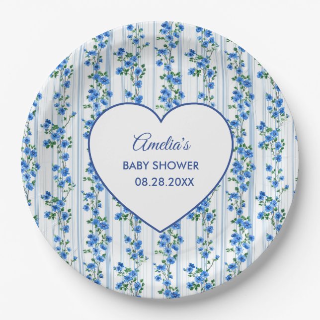 Chic Boho Blue Wildflower Boy floral Baby Shower  Paper Plate (Front)