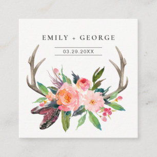 CHIC BOHO BLUSH ANTLER FLORAL WEDDING WEBSITE RSVP SQUARE BUSINESS CARD