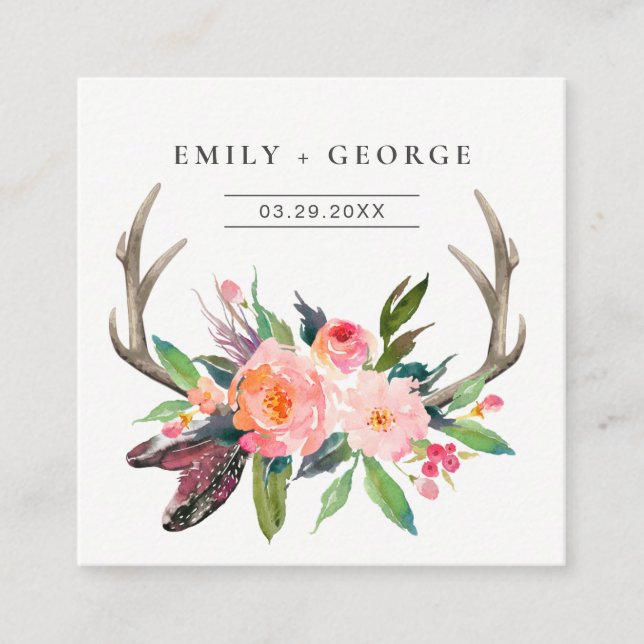 CHIC BOHO BLUSH ANTLER FLORAL WEDDING WEBSITE RSVP SQUARE BUSINESS CARD (Front)