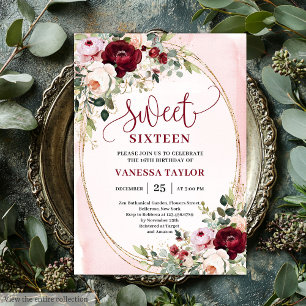 Chic Boho Blush Burgundy Rose Sweet 16 Invitation